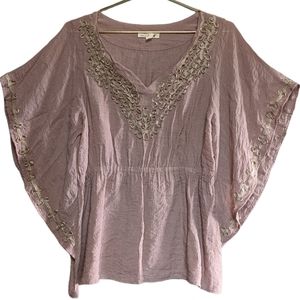 MINE Mauve Boho Top Butterfly Sleeve Soutache Design Sz.L EUC